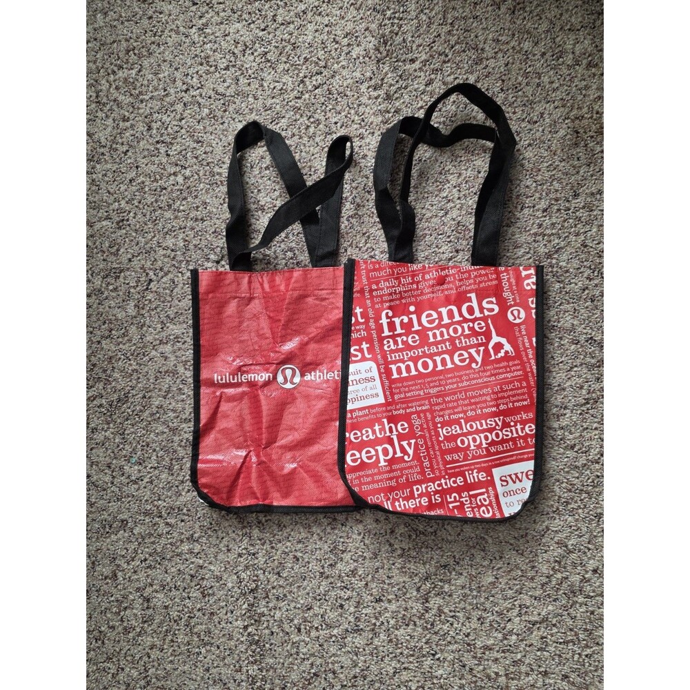 Lululemon Shopping Tote Bags Red White Text Writing Set of 2 Small Lunch Bags